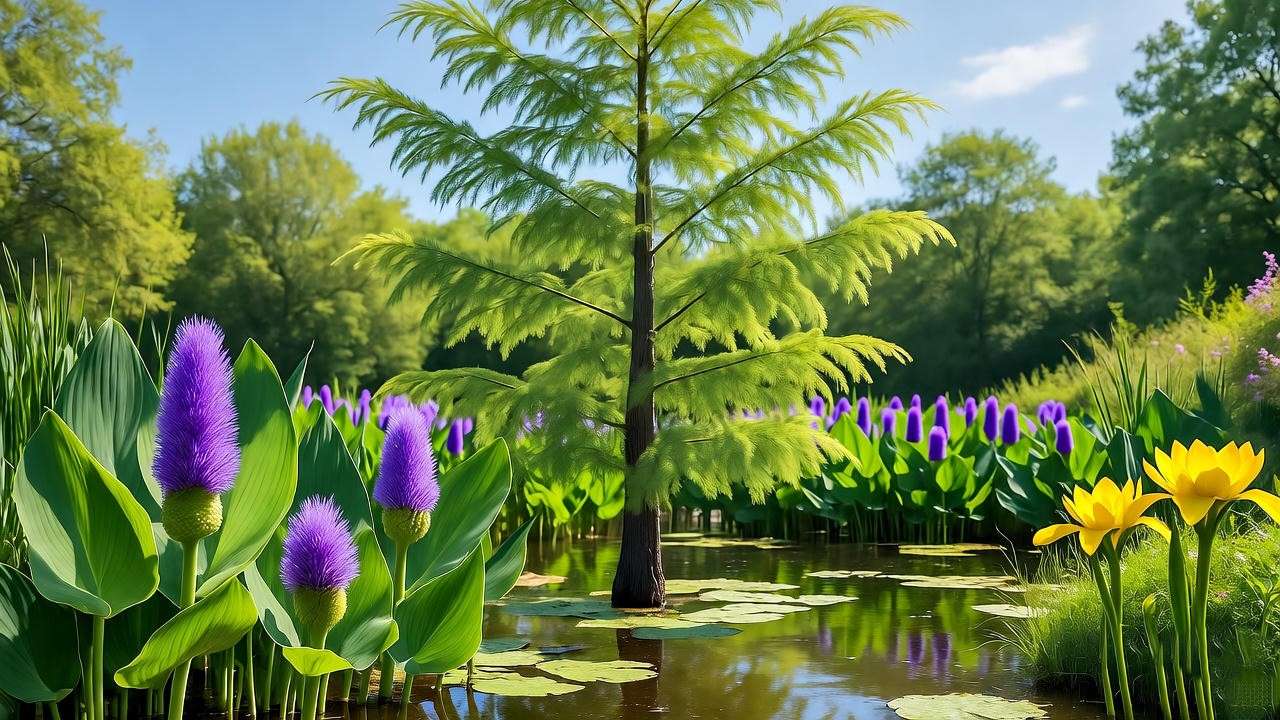 "Lush wetland garden with Bald Cypress, Pickerelweed, and Water Iris by a serene pond."