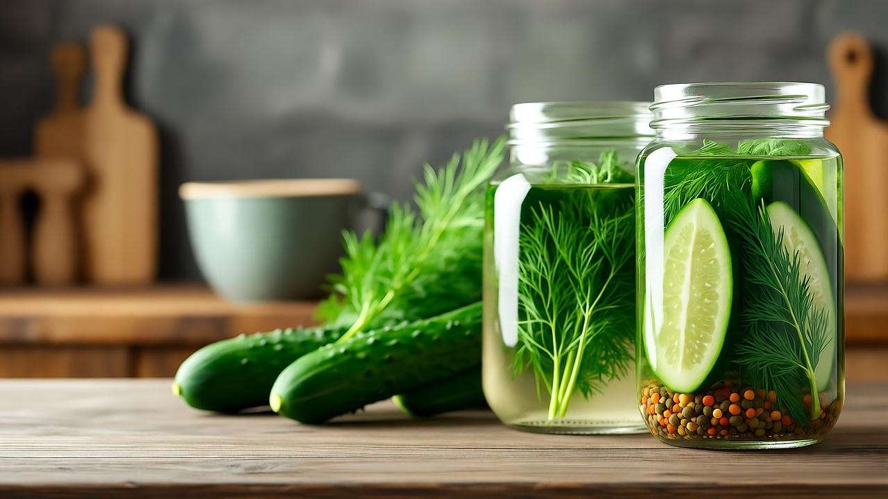 Jars of pickling cucumbers with vinegar, dill, and spices on a rustic kitchen counter."