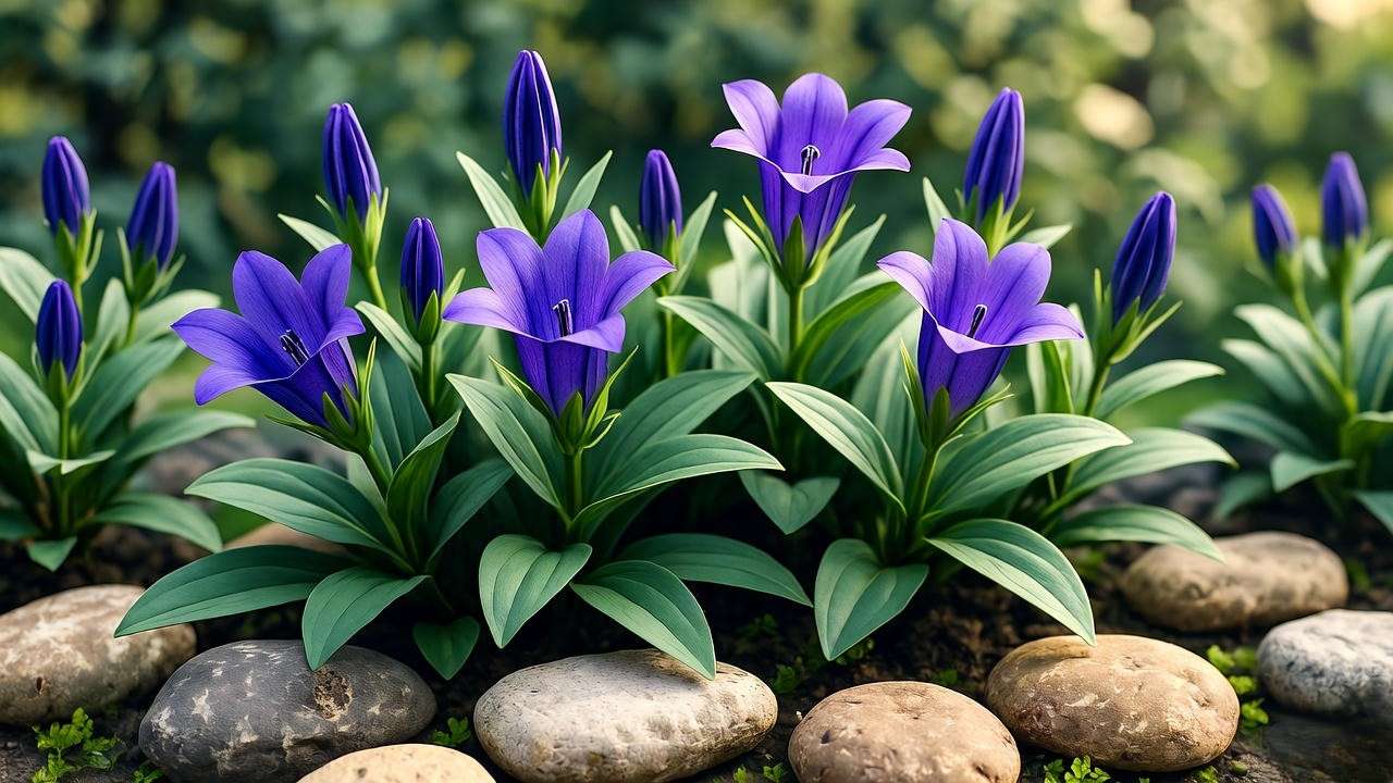 Rock garden with bellflower purple blooms and green foliage".