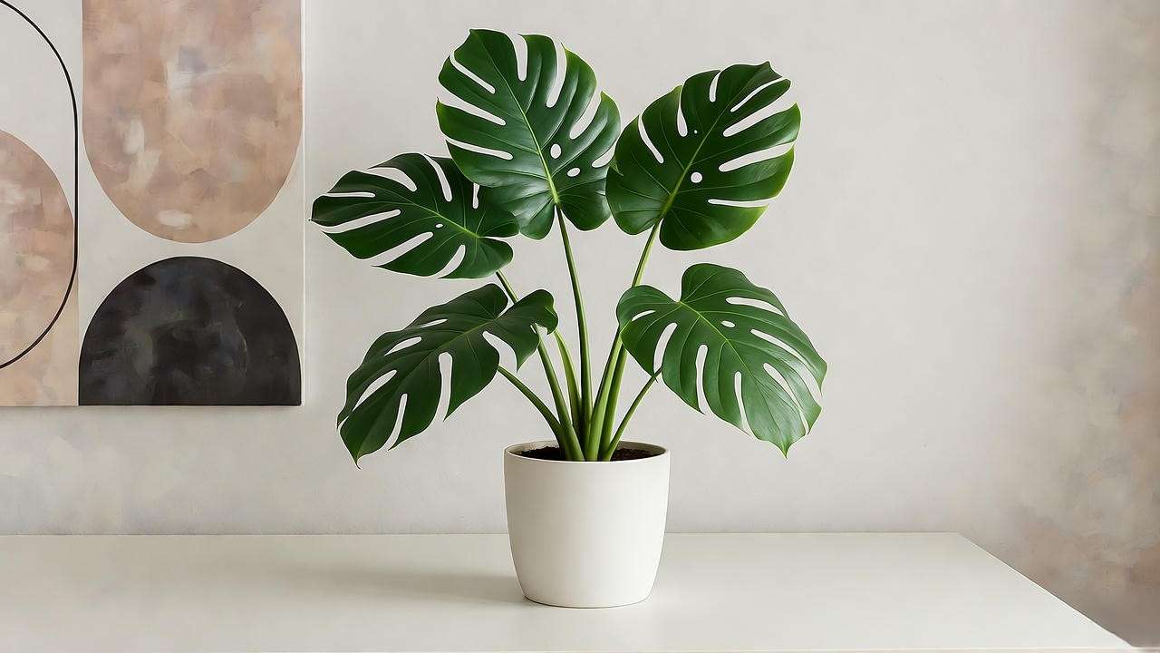 Modern minimalist office with faux monstera in a white pot, clean desk, abstract art."