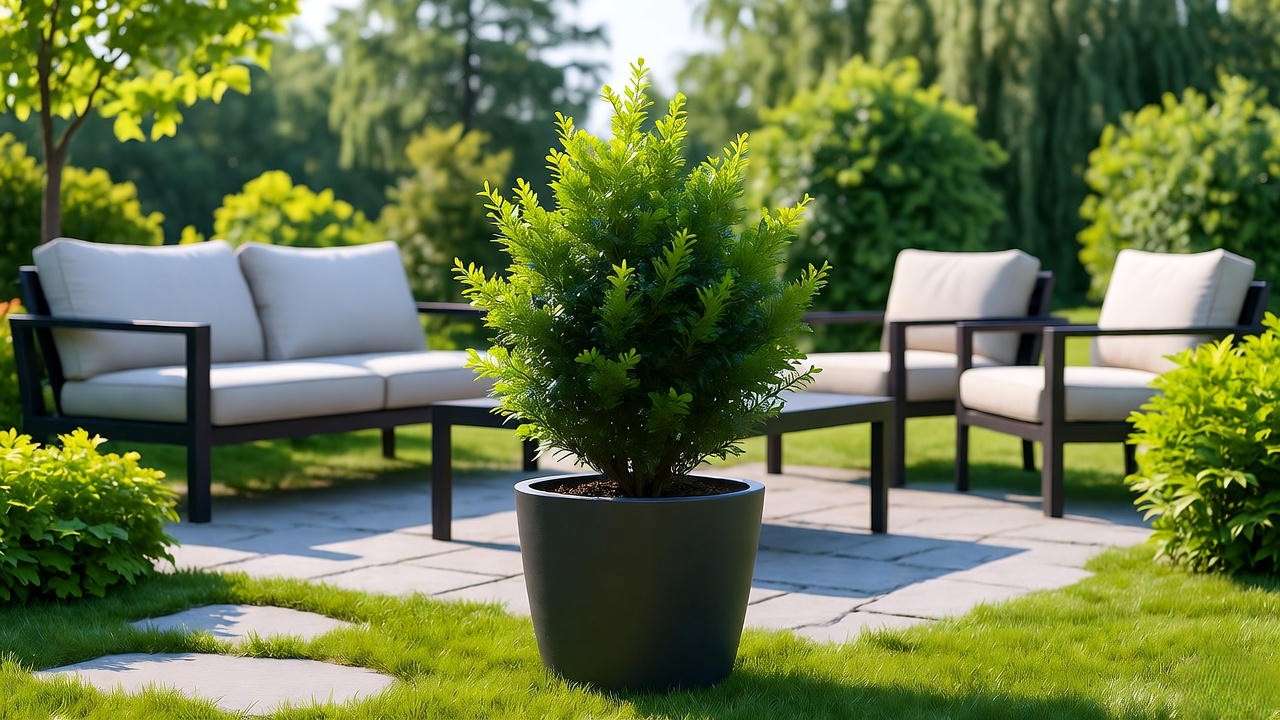 Sunlit patio with UV-resistant faux boxwood in a planter, outdoor furniture, natural stone pathway."
