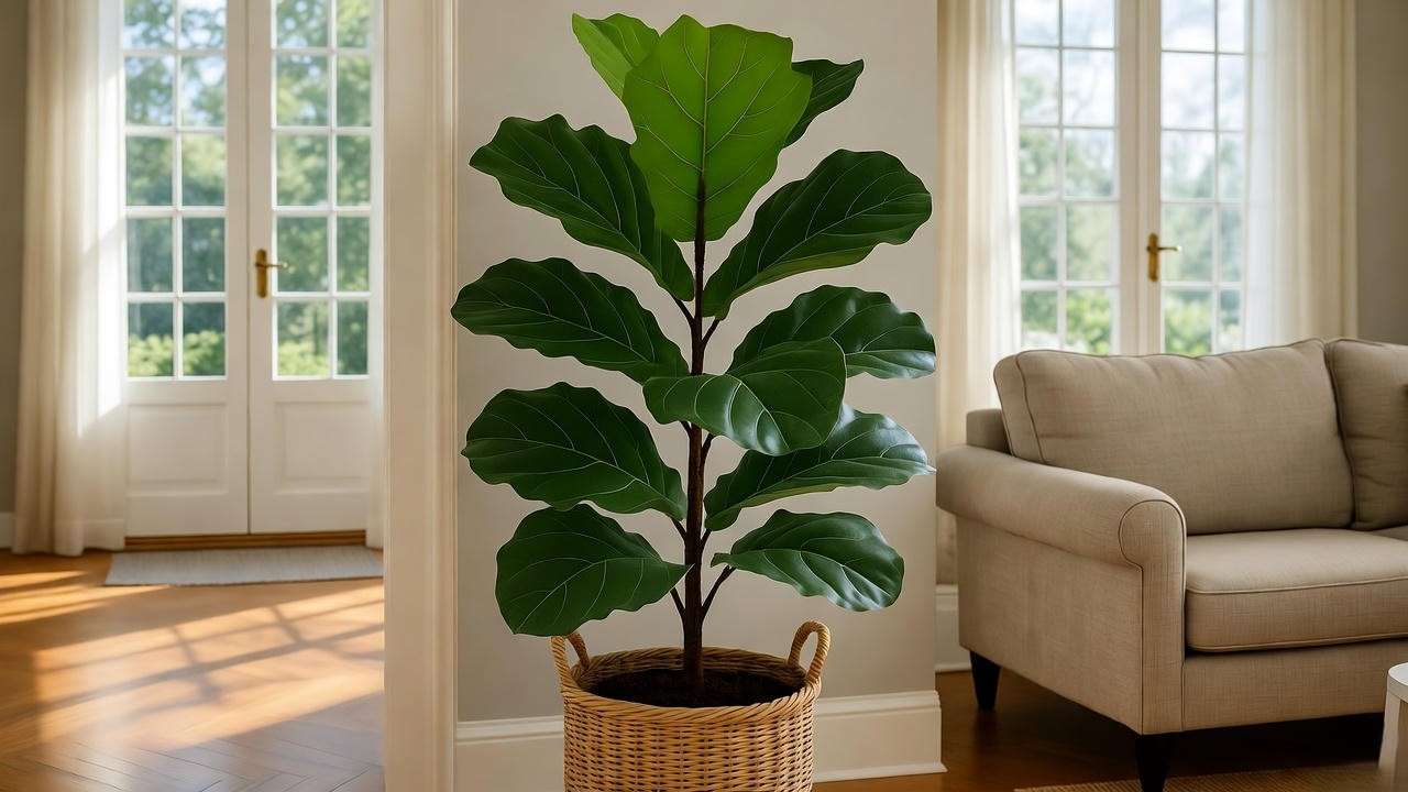 Stylish living room with a large faux fiddle leaf fig in a woven basket, modern decor, lush greenery."