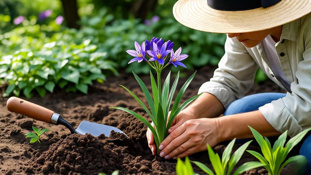 Gardener planting a flax lily in prepared soil with trowel and compost in a shaded garden.