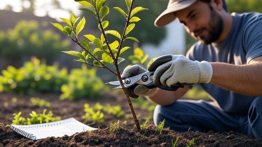 Gardener pruning young cherry tree with sanitized tools and checklist."