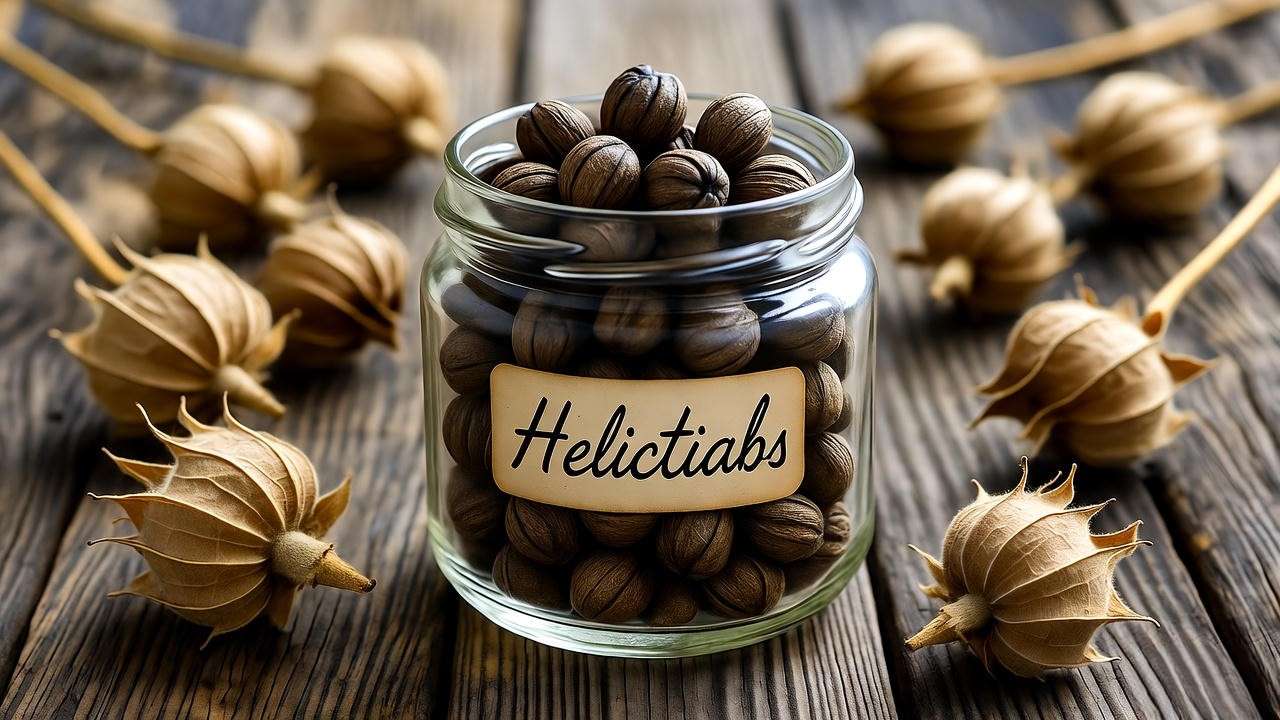 Hollyhock seeds stored in glass jar with label and dried pods".