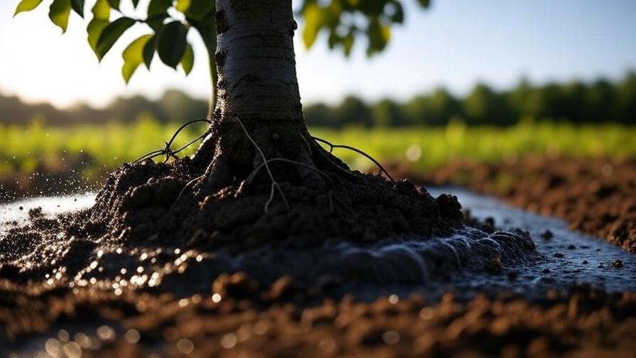 "Drip irrigation system watering cherry tree base in hot weather".
