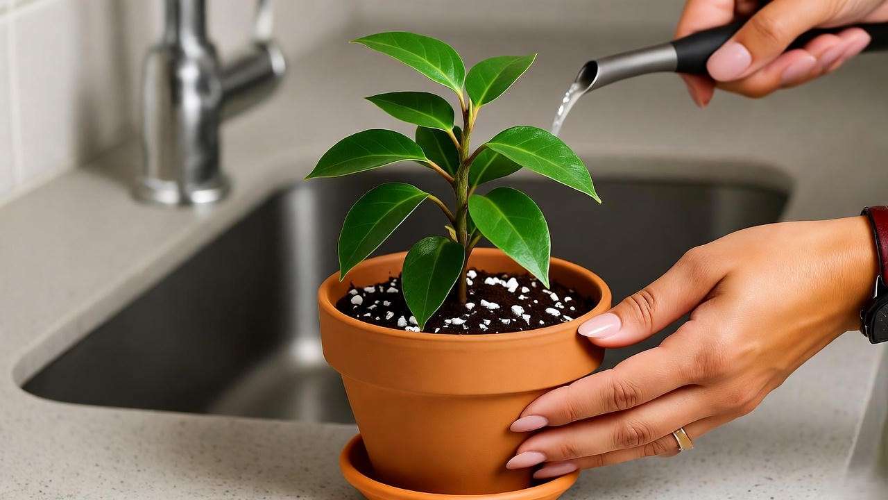 Watering a Weeping Fig in a terracotta pot with drainage for ficus plant care guide."