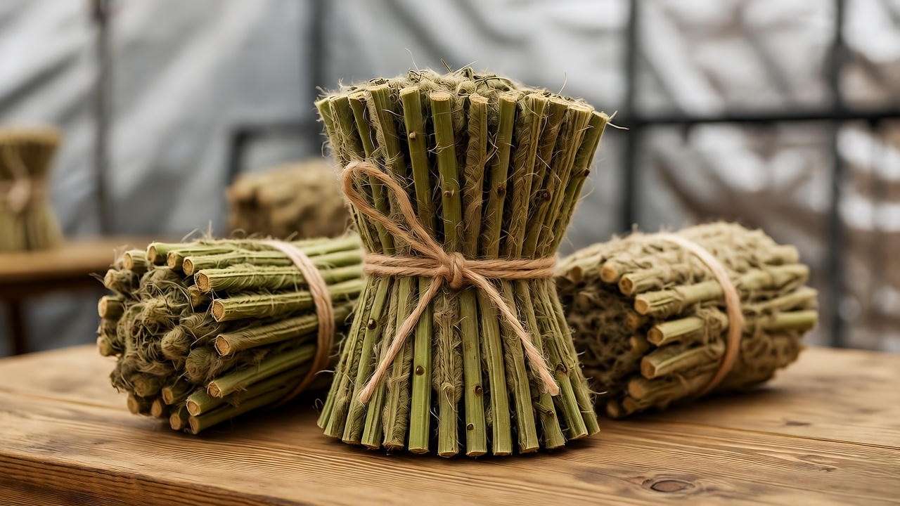 "Bundles of hemp fiber from male cannabis plants on a wooden table"