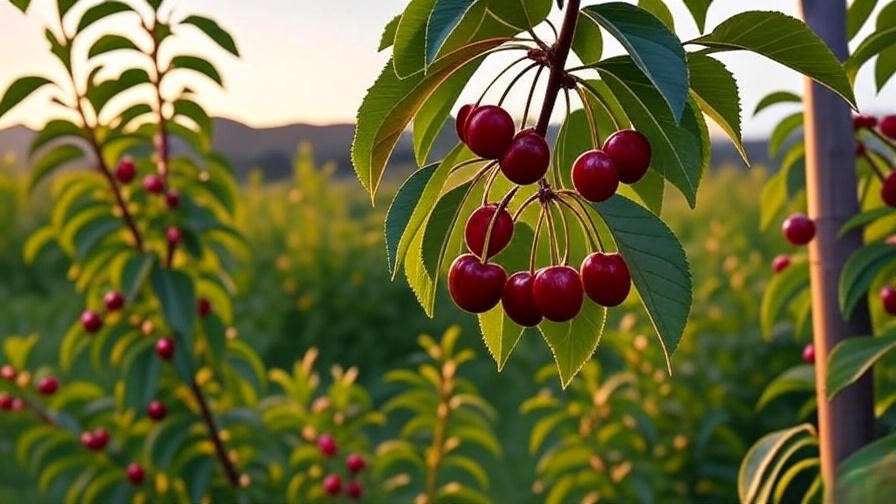 Ripe Bing cherry branch with deep red fruit on a semi-dwarf tree at sunset."
