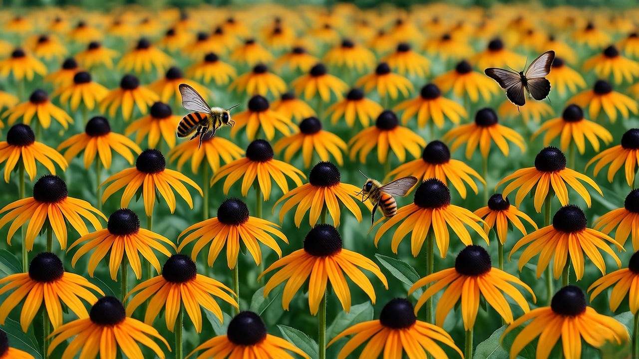 Field of black-eyed Susans with golden petals and pollinators in full sunshine."
