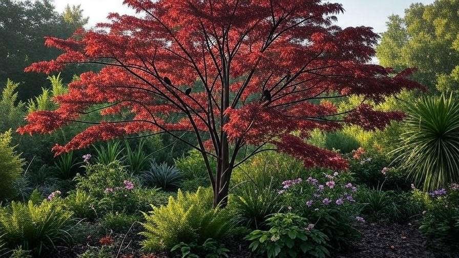Glossy red leaves of a Black Tupelo tree with birds in a serene autumn garden.