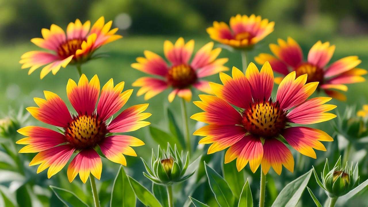 Cottage garden with blanket flowers in red and yellow under full sunshine."