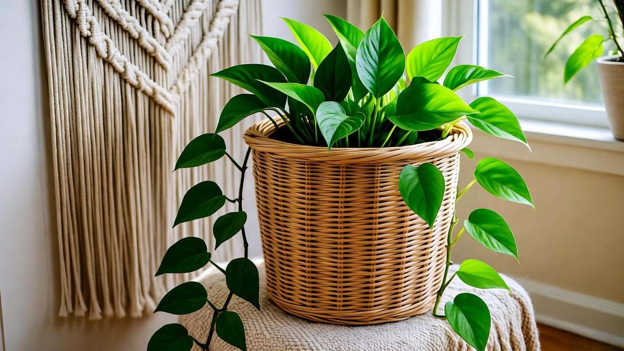 Boho-chic wicker pedestal planter with pothos vines in a cozy corner".