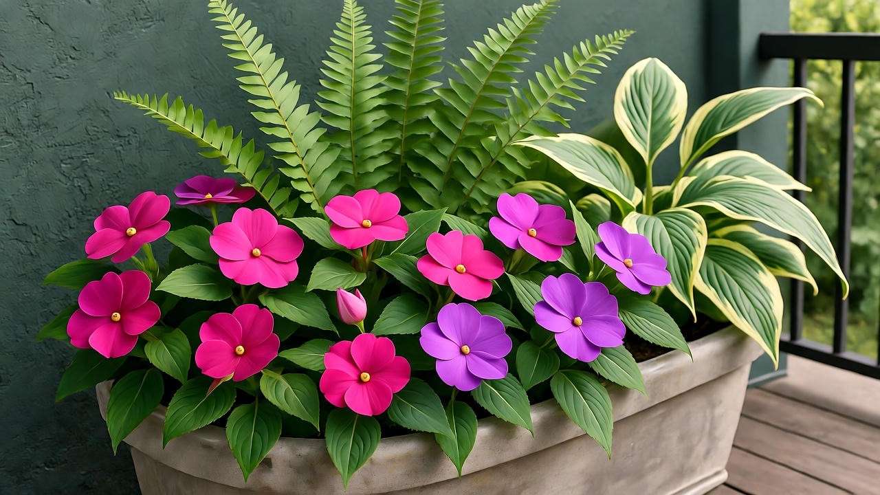 Colorful container garden with double impatiens and shade-loving plants."