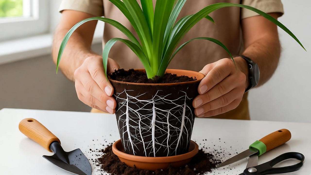 Repotting a mass cane plant into a terracotta pot with fresh, well-draining soil.