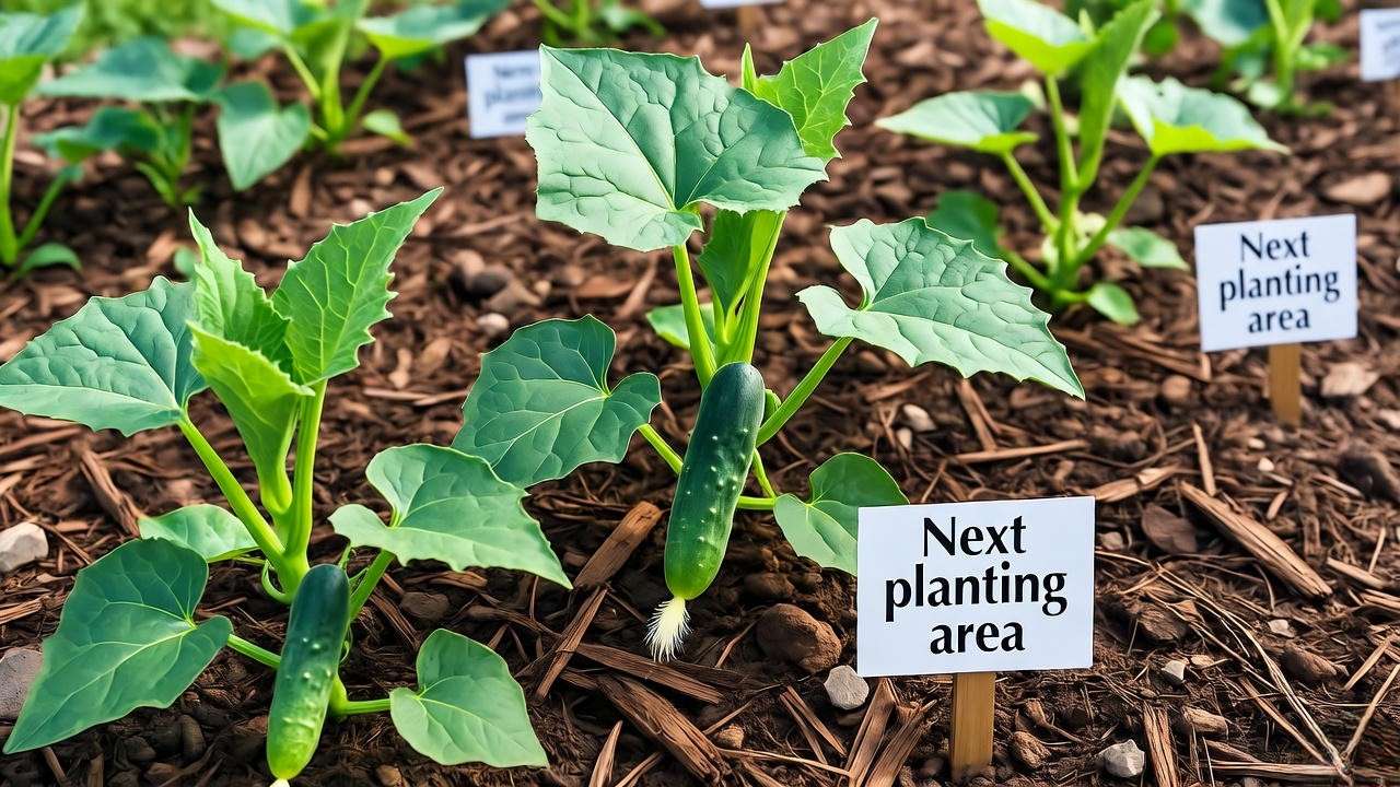 Garden bed with mulched pickling cucumber plants and crop rotation markers."