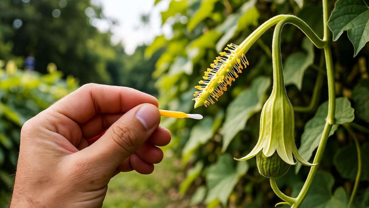 Hand-pollinating coyote gourd plant: transferring pollen from male to female flower with Q-tip