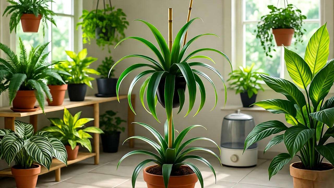 "Octopus plant trained on bamboo stake with humidifier in a tropical indoor setup."