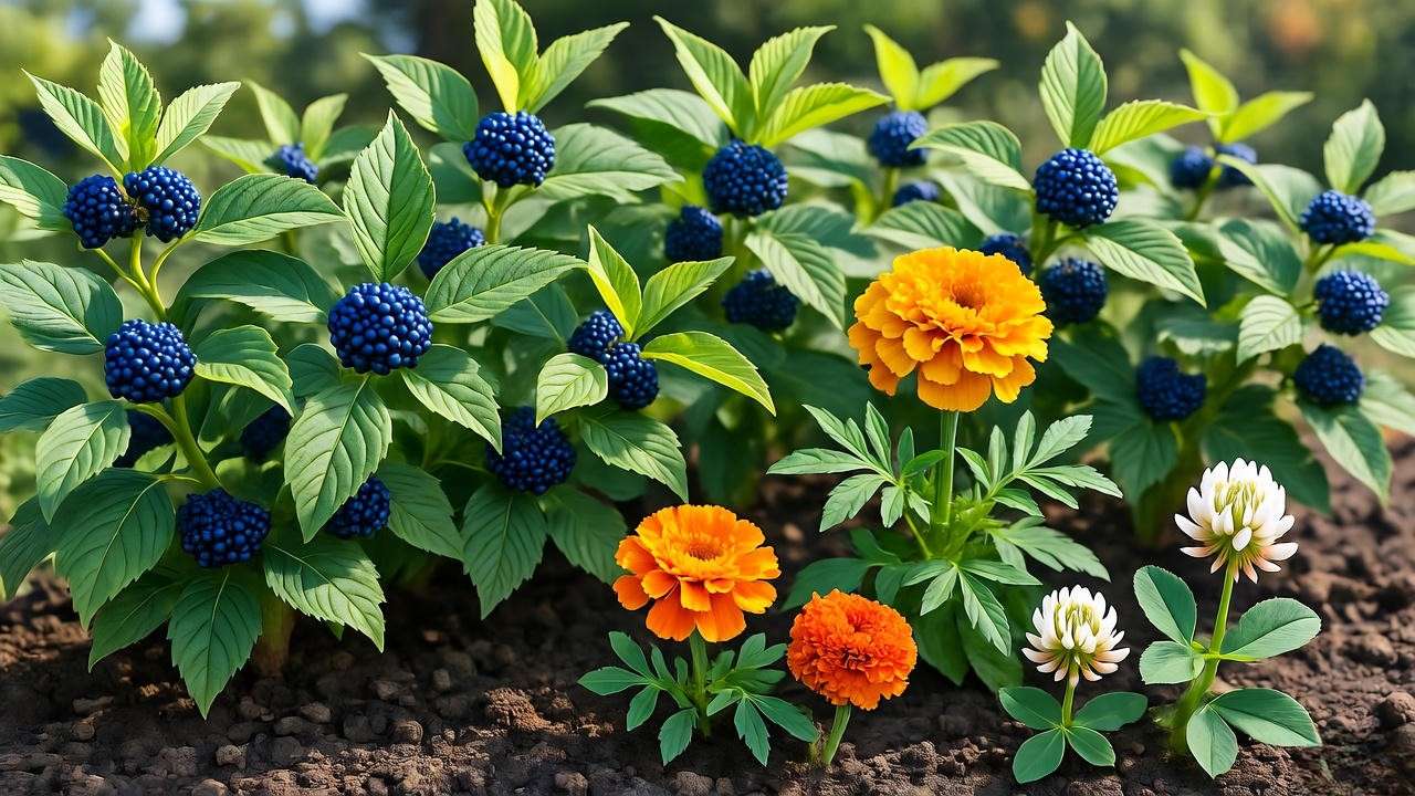 "honey berry plants with marigolds and clover in garden bed"