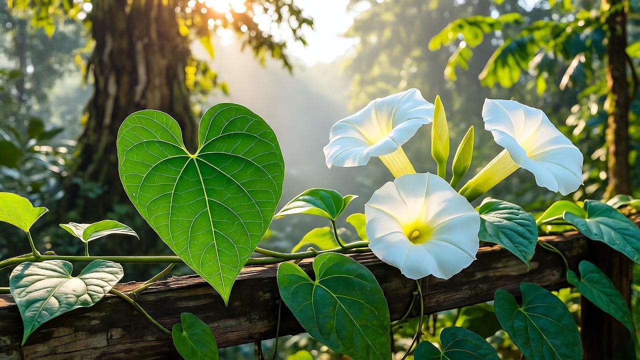 Close-up of Ipomoea corymbosa plant with white trumpet flowers and heart-shaped leaves in native rainforest habitat