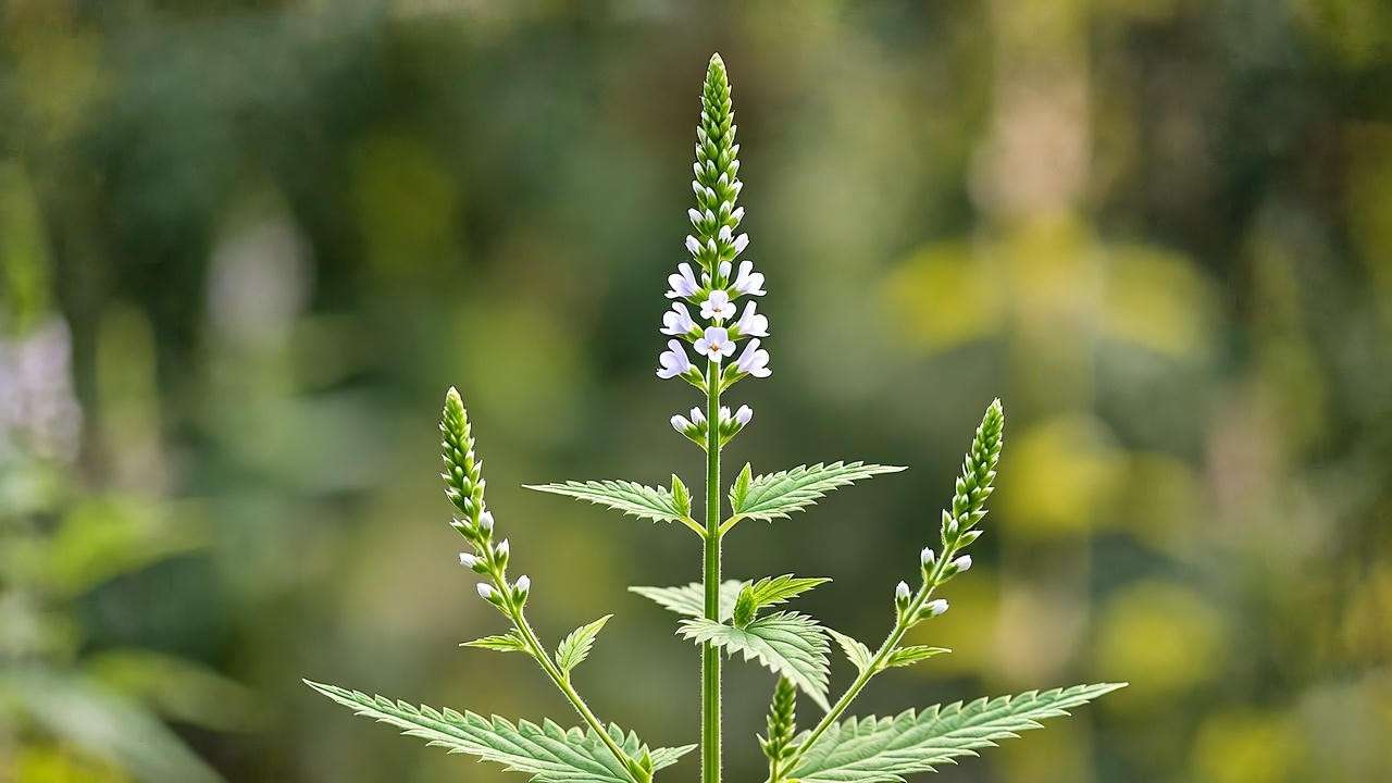 White vervain plant (Verbena urticifolia) in bloom showing white flower spikes and square stems