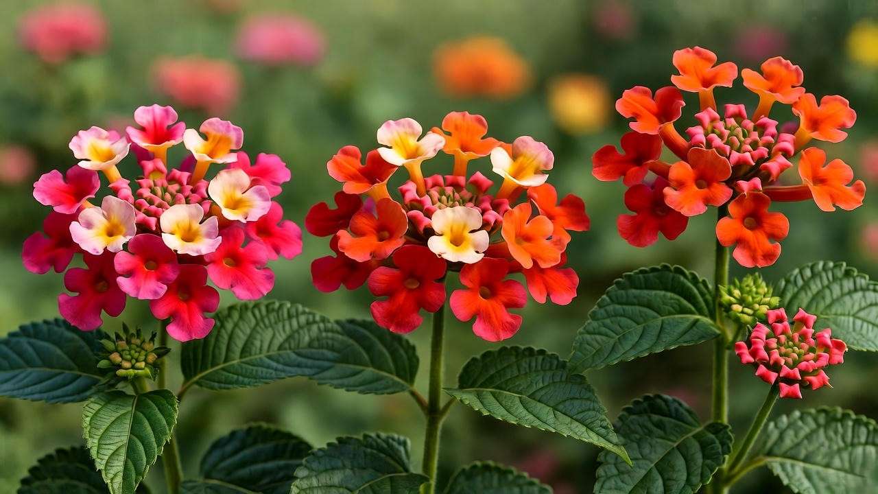 Red lantana cultivars comparison: Radiation, Red Spread, and Miss Huff in full bloom