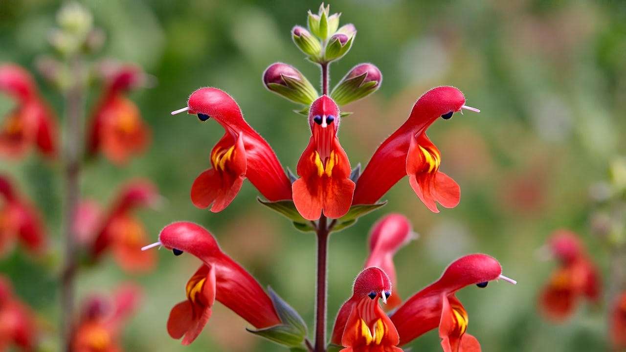 Close-up of Texas Betony plant scarlet flowers and characteristic square stem.