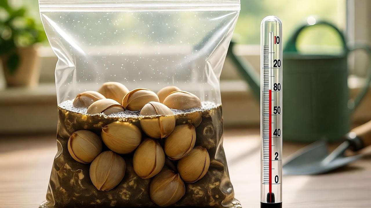 Close-up of peony seeds in stratification with soil thermometer and gardening tools."