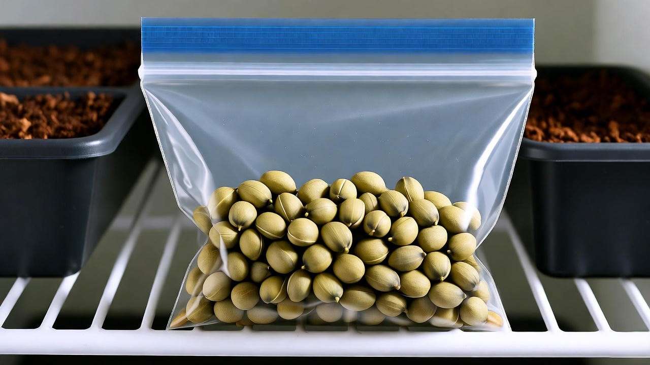 "Peony seeds in stratification process inside a ziplock bag on refrigerator shelf with soil tray background".