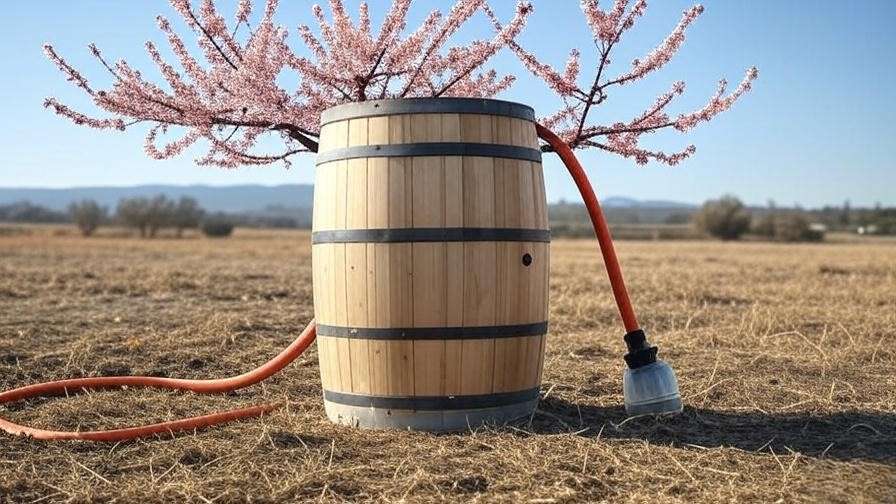 DIY rain barrel and soaker hose for cherry tree." 