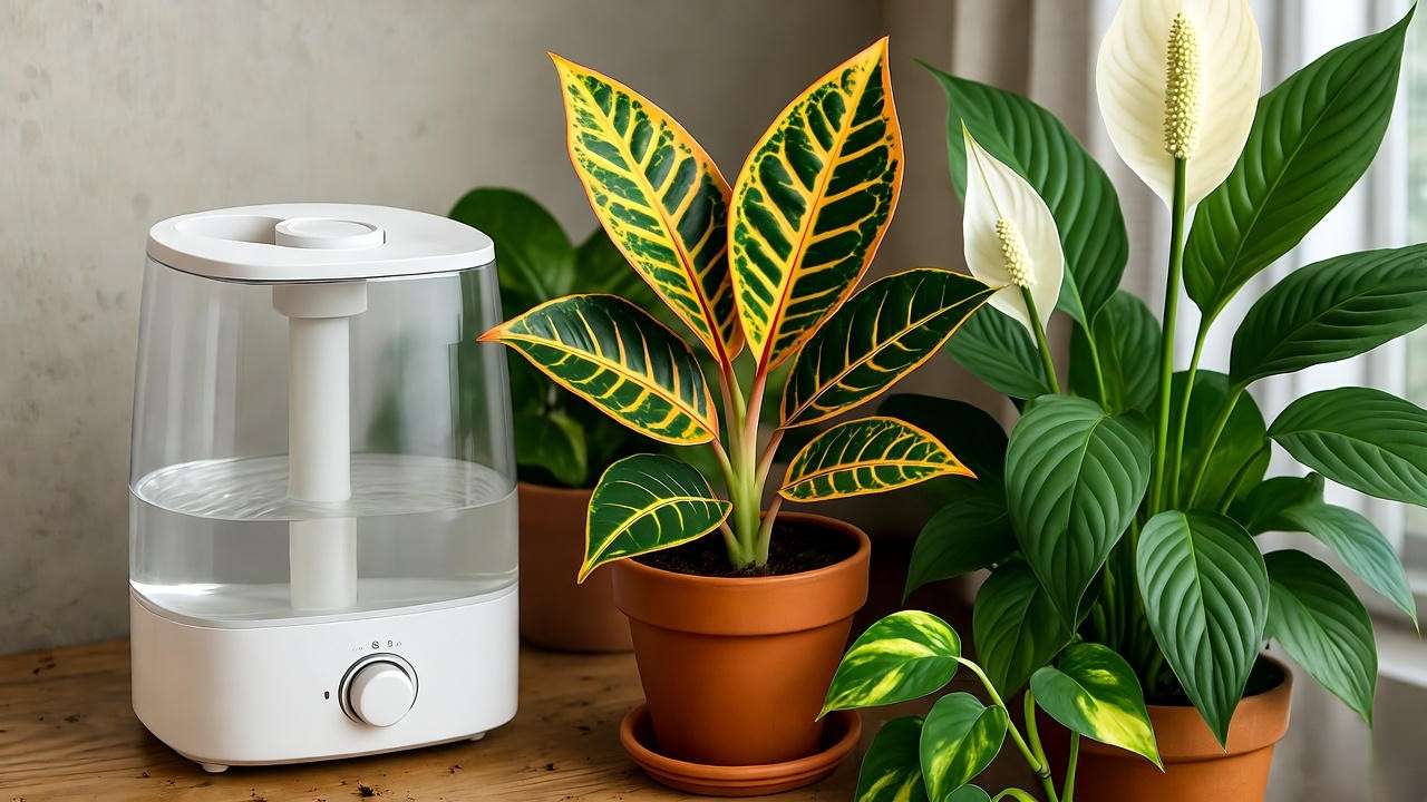 Indoor garden with candy corn plant, pothos, and peace lilies in a tropical microclimate."