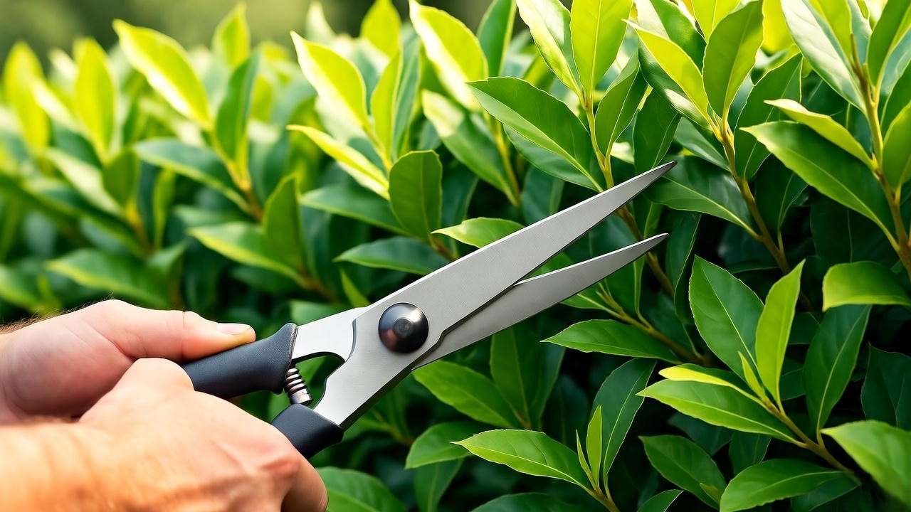 "Gardener pruning a healthy laurel hedge for privacy maintenance".