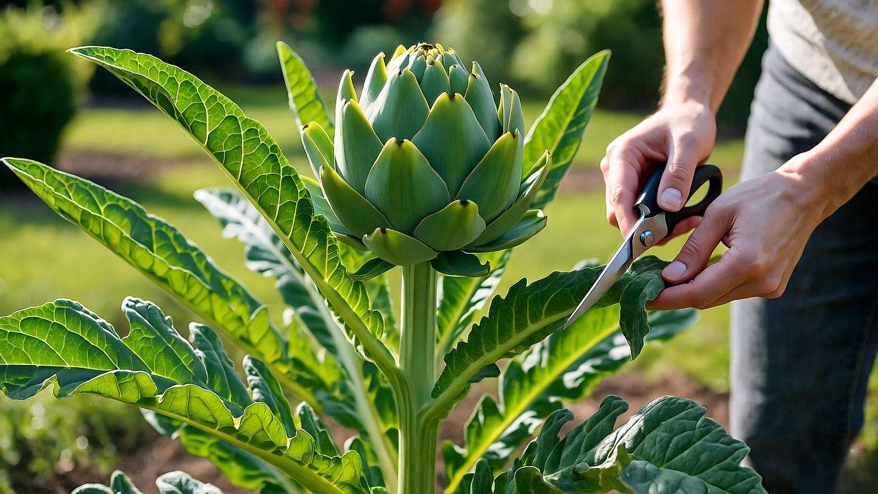Gardener pruning artichoke plant with large green leaves in a well-maintained garden.