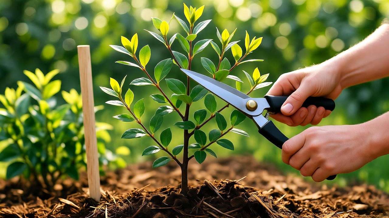 Bare root shrub with fresh mulch, gardener pruning with shears, and stake support in thriving garden"