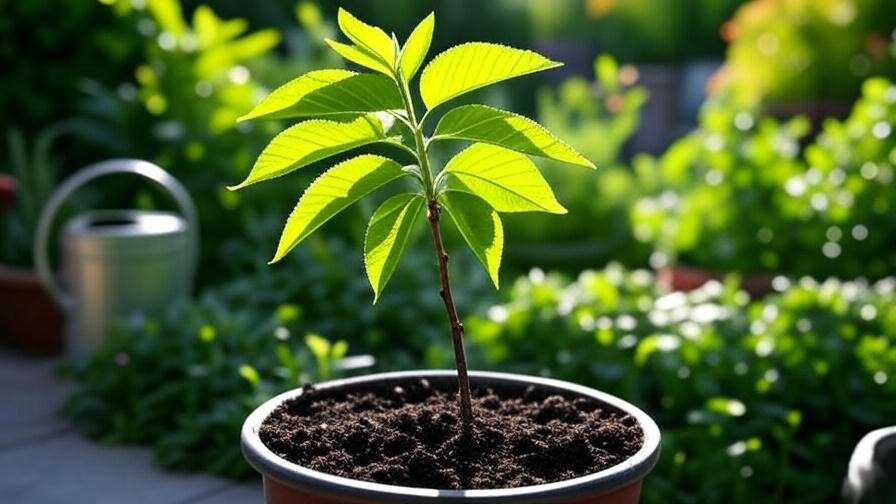 Young cherry tree seedling in a pot on a patio with a lush garden and watering can in the background".
