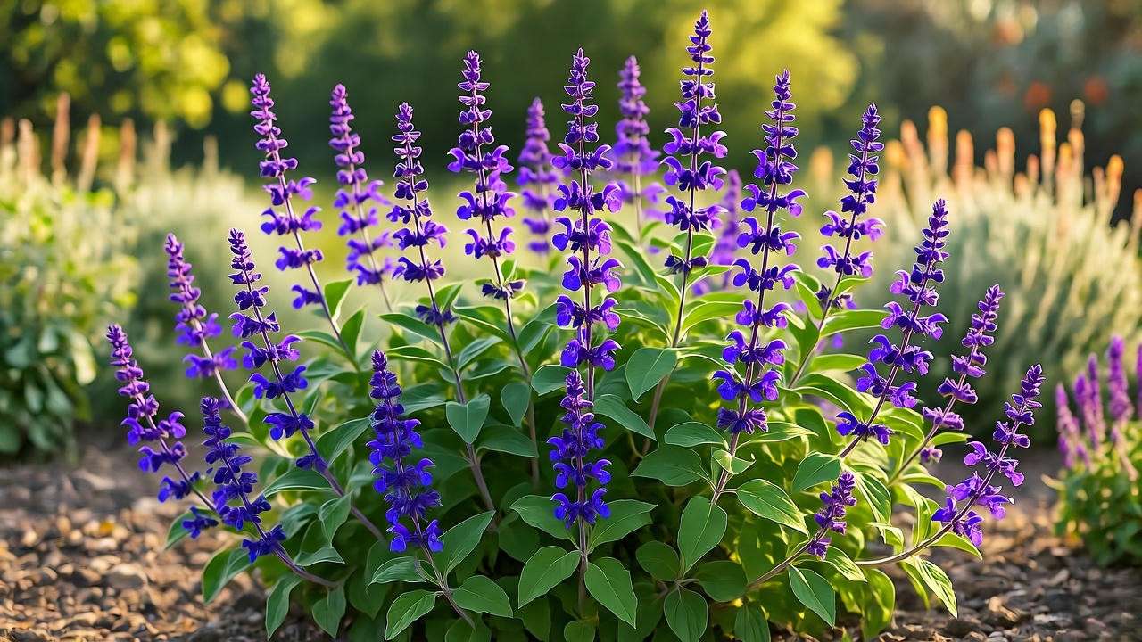 Well-maintained Cleveland Sage with pruned branches and purple blooms in a drought-tolerant garden."
