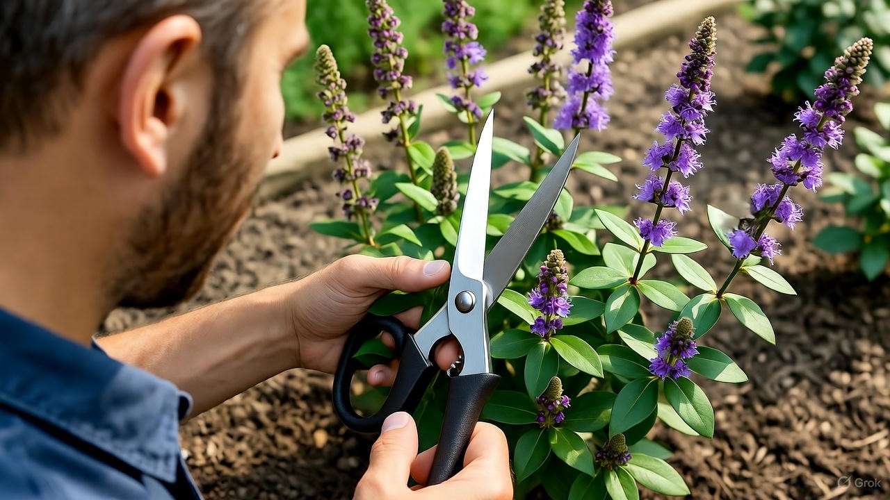 Gardener pruning creeping myrtle with shears in a tidy garden bed.