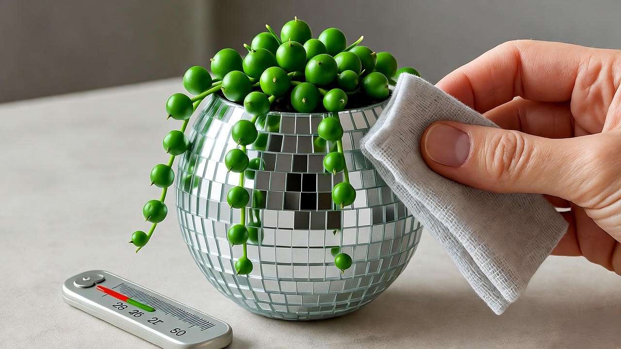 Disco ball planter with string of pearls being cleaned with a cloth and moisture meter on a light surface."