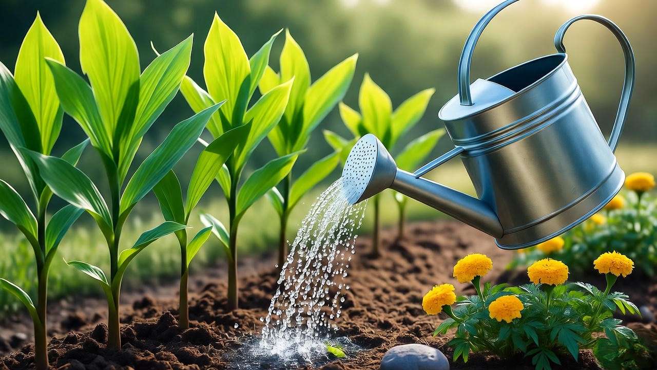 Healthy ginger plants in a raised garden bed being watered, with mulch and marigolds, illustrating how to care for ginger plants.”