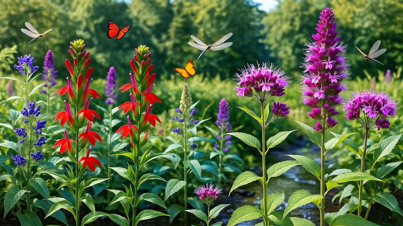 Lush rain garden with Maryland native Cardinal Flower and Joe-Pye Weed near a stream, butterflies and dragonflies."