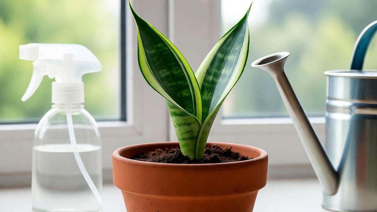 Newly propagated snake plant in a terracotta pot with watering tools in bright indoor light."