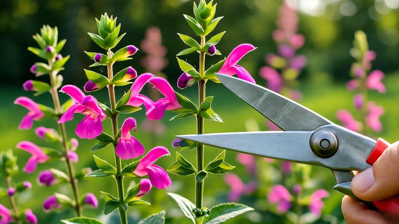 Pink salvias plant being pruned with shears in a sunny garden."