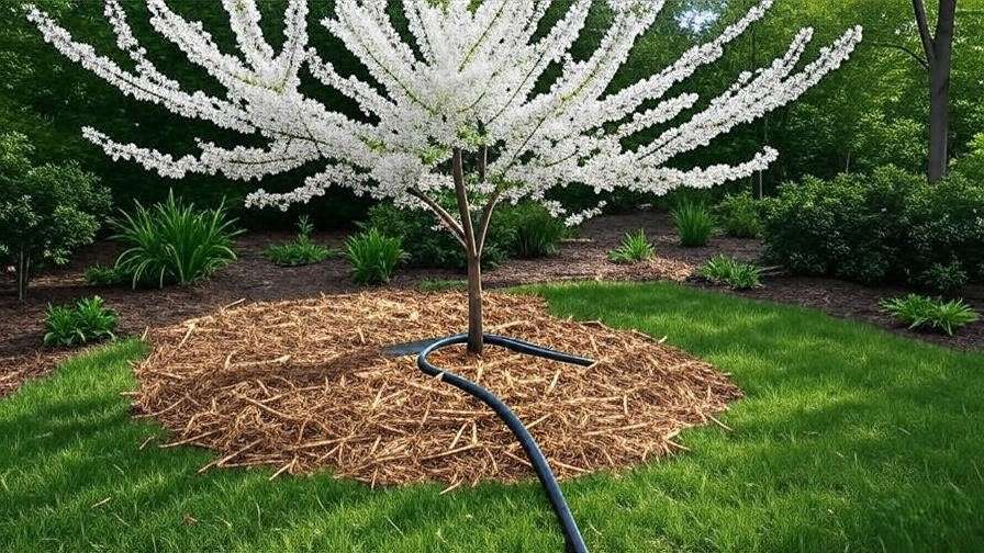 "White redbud tree being watered with a soaker hose and covered with mulch in a garden"