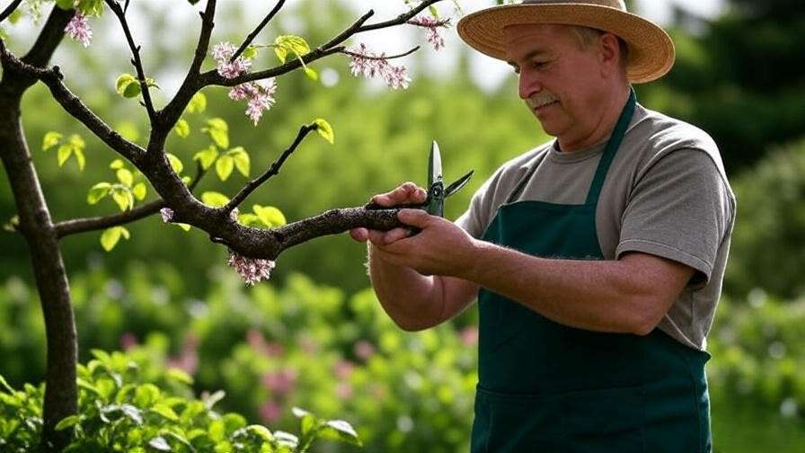 Gardener pruning a white redbud tree with blossoms and green leaves in a garden"