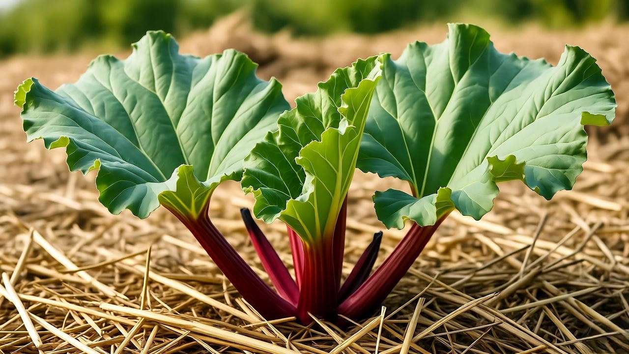Thriving wild rhubarb plant with green leaves and red stalks in a mulched sunny garden."