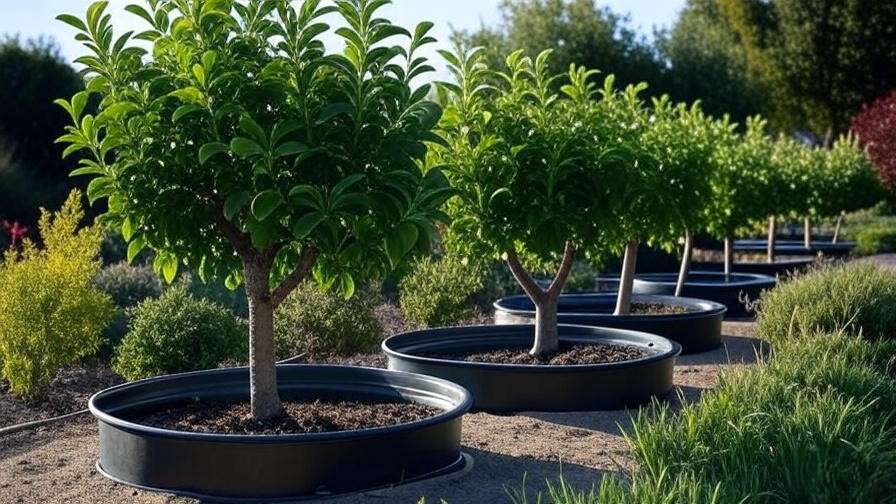 Apple trees with water rings in a thriving community garden