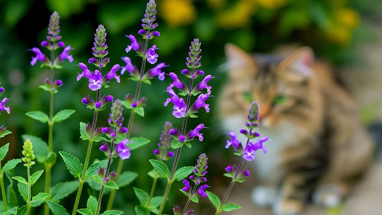 Garden edge with catmint purple flowers and a cat in the background".