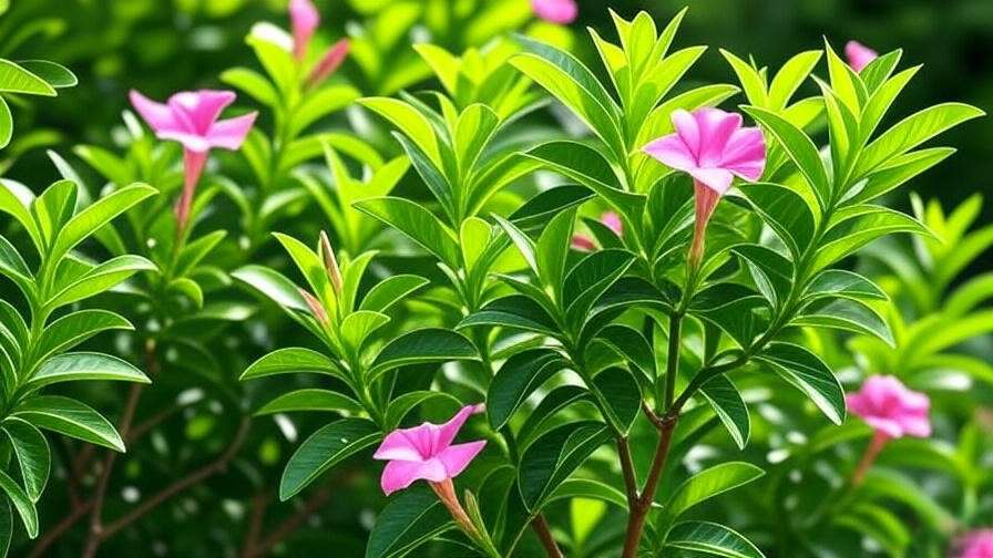 Close-up of a healthy dipladenia plant with pink blooms in sunlight".