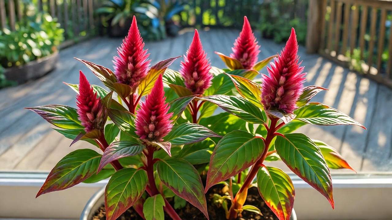 Celosia Dracula plant thriving in full sun spot with crimson blooms and healthy green leaves, ideal for optimal sunlight care tips.