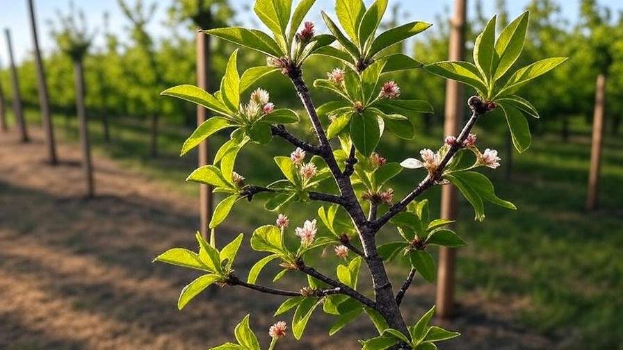 Young cherry tree of heat-tolerant Stella variety with stakes".
